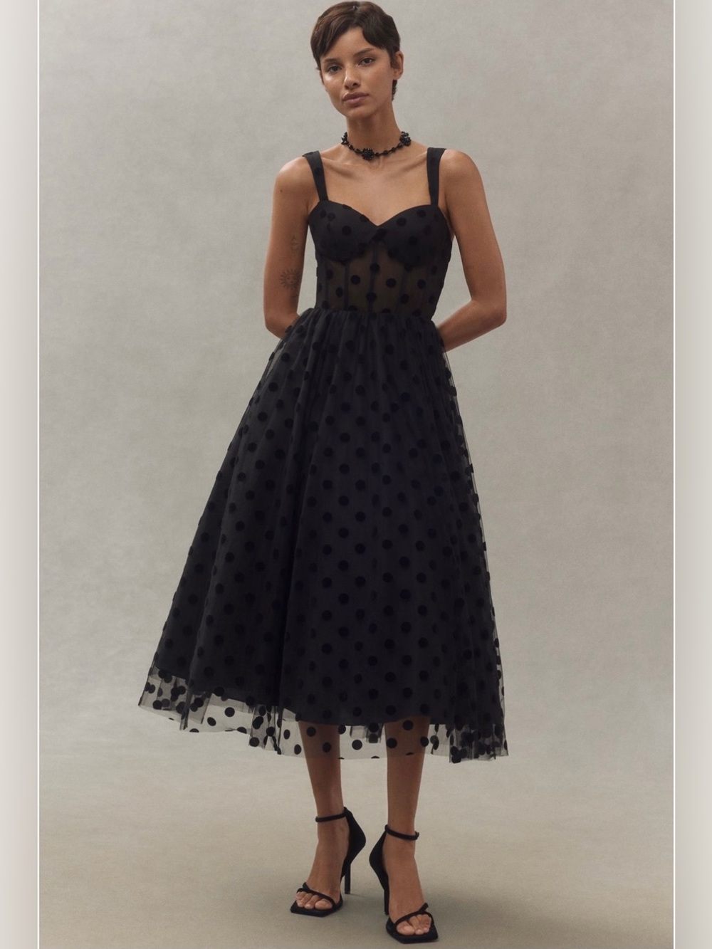 Mac Duggal Black Polka Dot Midi Dress